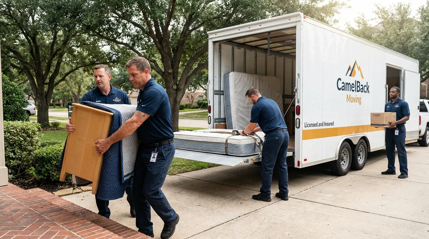 Crew loading residential truck for cross-state move from Rockwell, IA