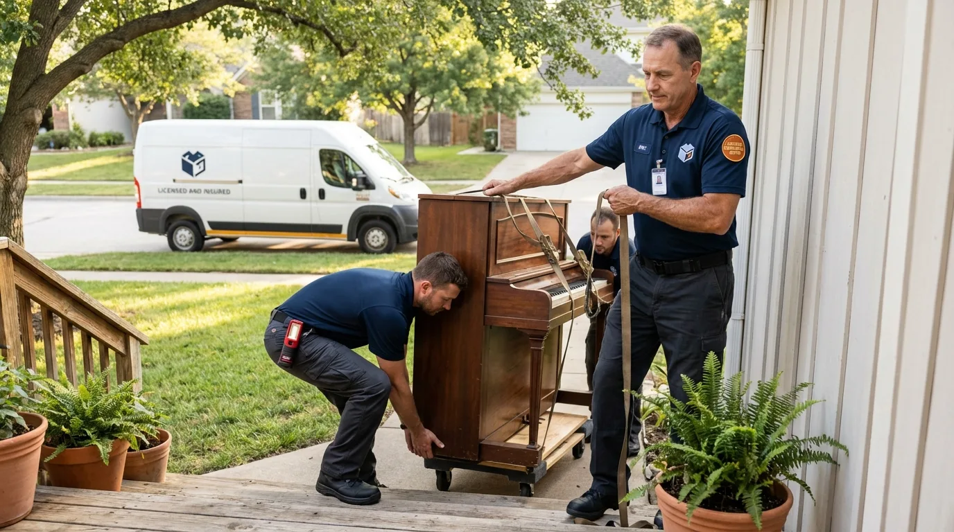 Licensed piano movers securing grand piano in Rockwell, IA