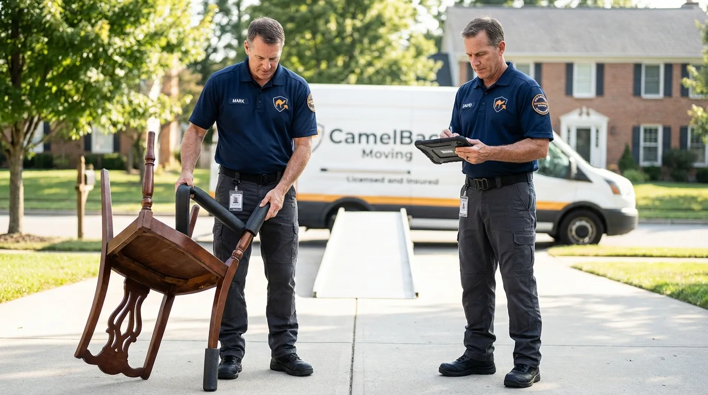 Movers inspecting furniture for damage prevention before loading in Rockwell, IA