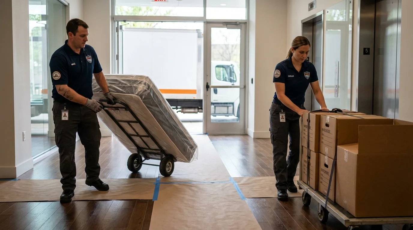 Professional apartment movers loading elevator in Rockwell, IA