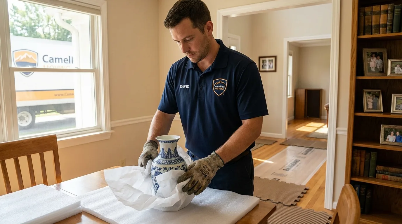 Professional crew carefully wrapping antique vase for senior downsizing move in Rockwell, IA