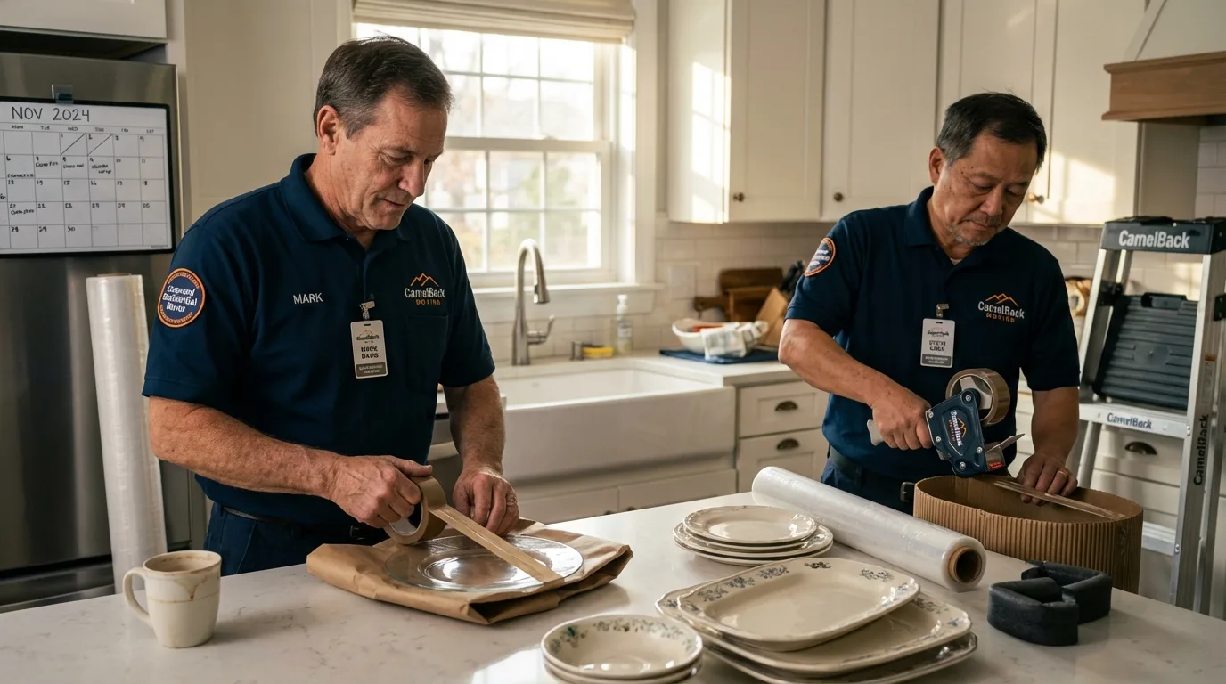 Professional crew packing kitchen dishware in Rockwell, IA